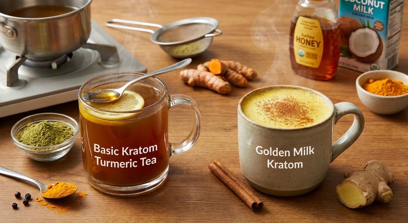 Golden milk kratom and turmeric tea in ceramic mug with warm golden color